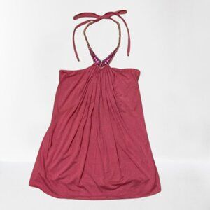 SKY Halter Style Tunic Blouse Top w Metallic Gold/Pink Rhinestone Accent Size S